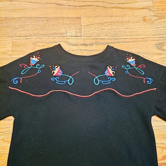 Zara Trafaluc Size S Black Sweater Dress Relaxed Fit Short Sleeve Western Floral - Picture 2 of 4